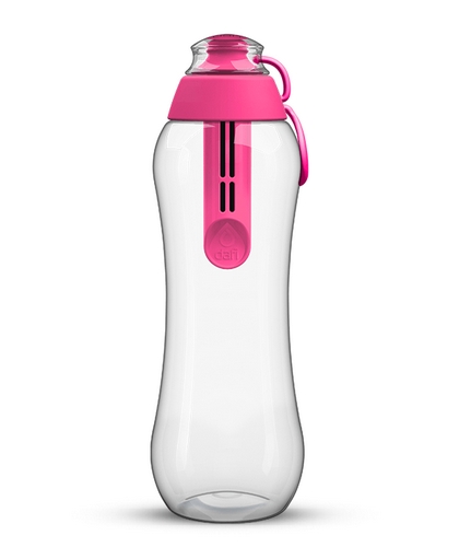 Różowa butelka z filtrem dafi z zatyczką w odcieniu różu zwanym kolorem flamingowym