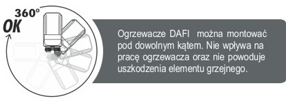 Ogrzewacz Dafi w wersji z nyplami może być zamontowany pod dowolnym kątem i w dowolnym położeniu, nie wpływa to na jego pracę