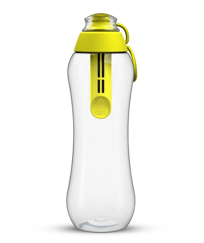 Żółta butelka dafi z filtrem do wody kranowej z zatyczką w żółtawym odcieniu - cytrynowym