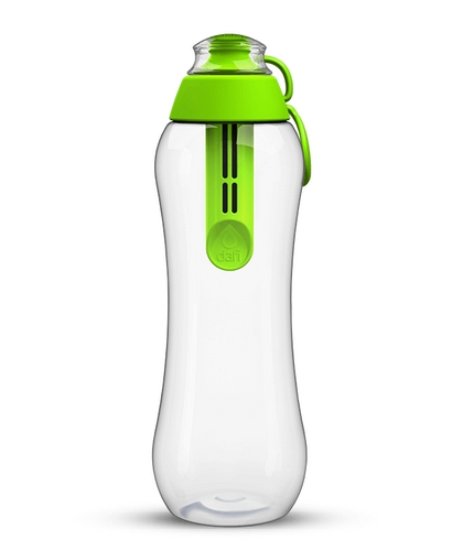 Zielona laserkowa butelka z filtrem dafi z jaskrawo zieloną zatyczką w kolorze limonkowym