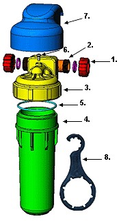 Schemat konstrukcji przepływowego filtra do wody Eko-Dafi